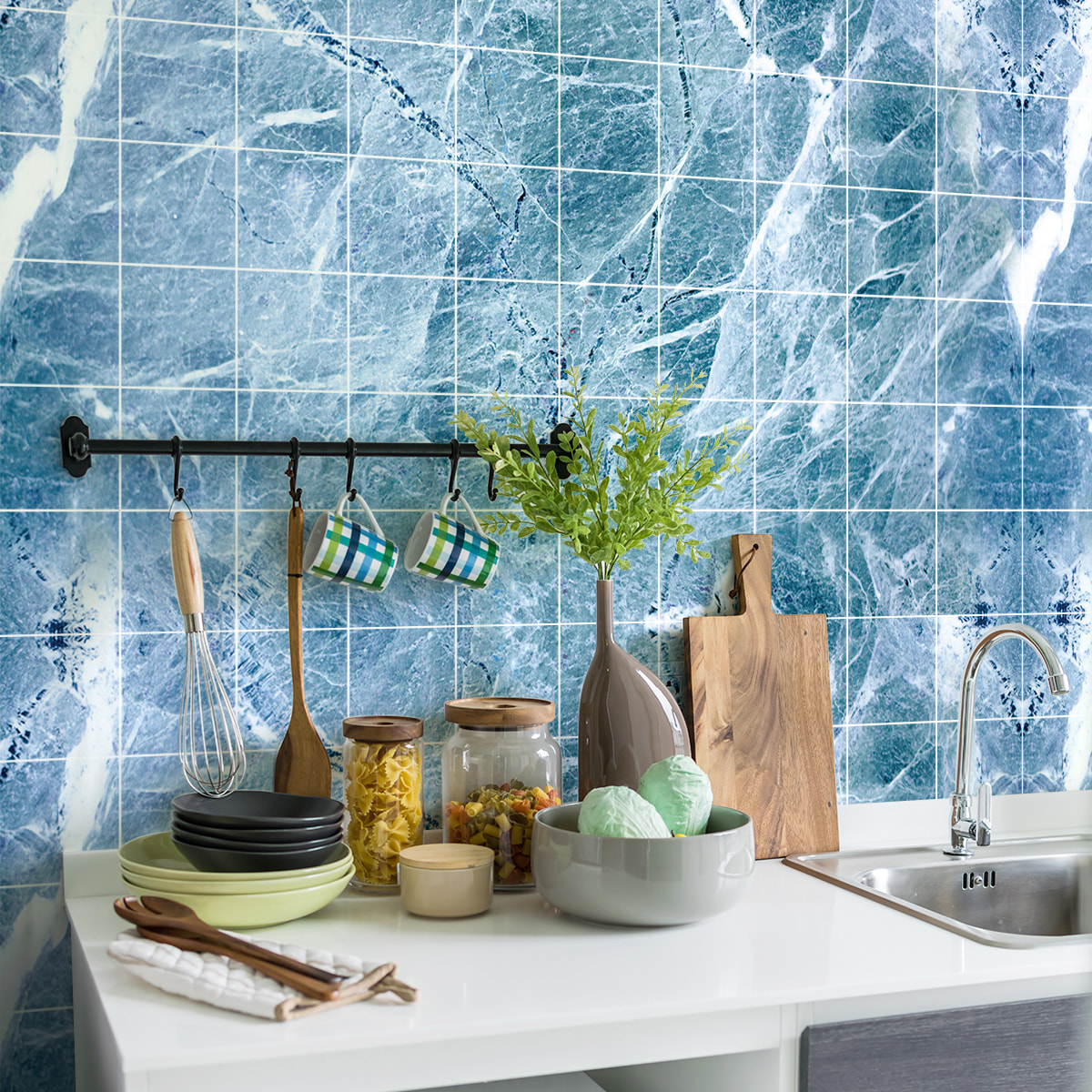 Stickers muraux - Sticker Mural Carrelage adhésif Cuisine Salle de Bain - 60 STICKERS CARRELAGES MARBRE D'ARGOS