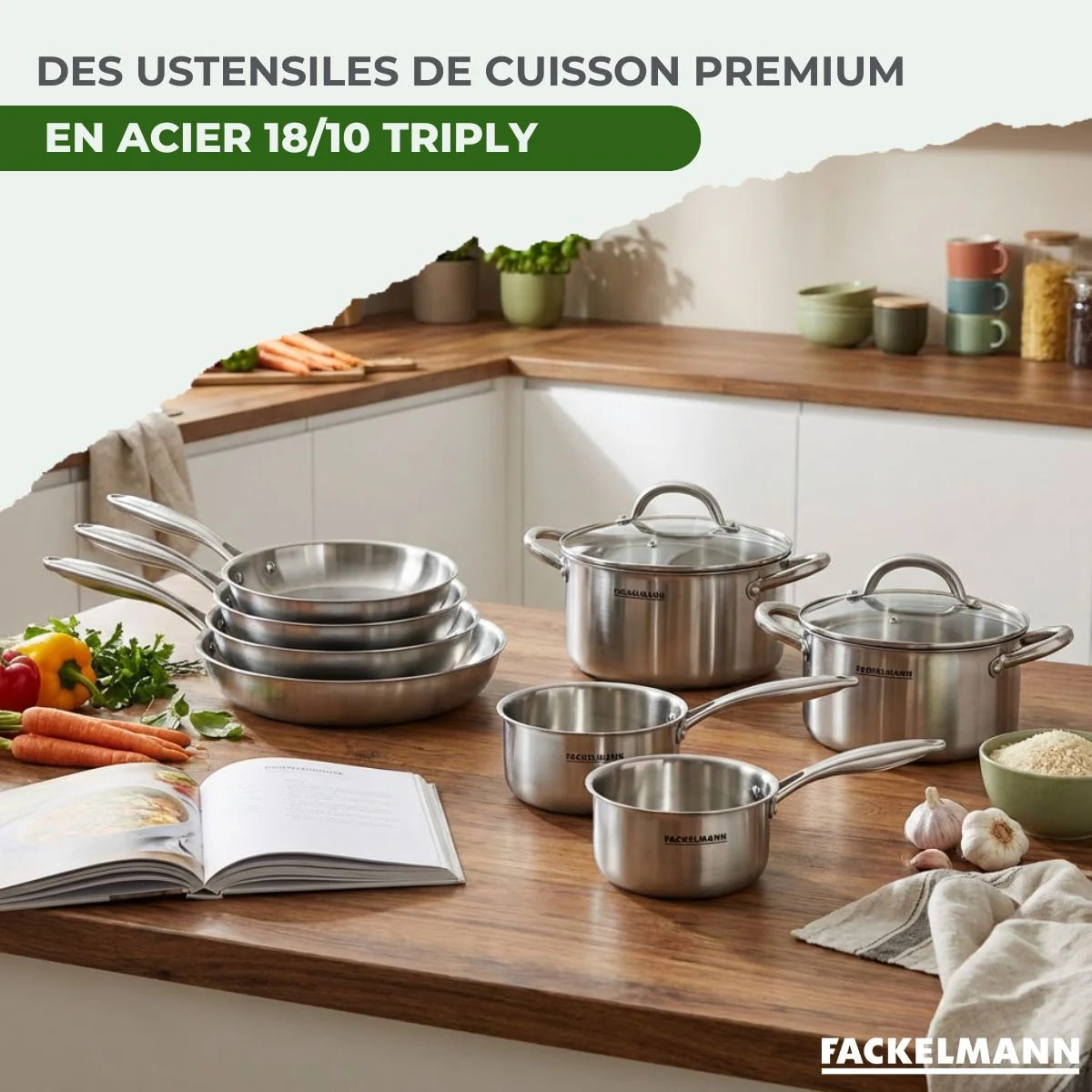 Poêles à Frire, Casseroles, Faitouts inox 18/10 Triply et Couvercle Fackelmann Vita3