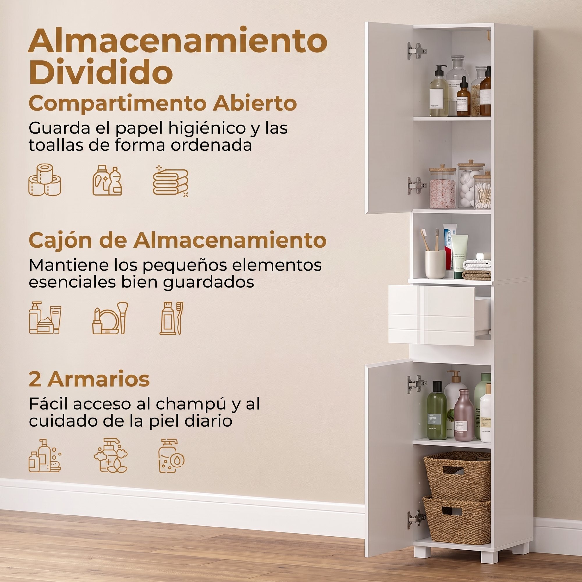 Armario Alto de Baño, Mueble de Baño Estrecho de Alto Brillo con Cajón, Compartimento Abierto y Estantes Ajustables, para Espacios Pequeños, 30x30x170 cm, Blanco