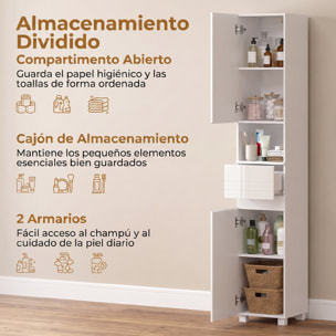 Armario Alto de Baño, Mueble de Baño Estrecho de Alto Brillo con Cajón, Compartimento Abierto y Estantes Ajustables, para Espacios Pequeños, 30x30x170 cm, Blanco