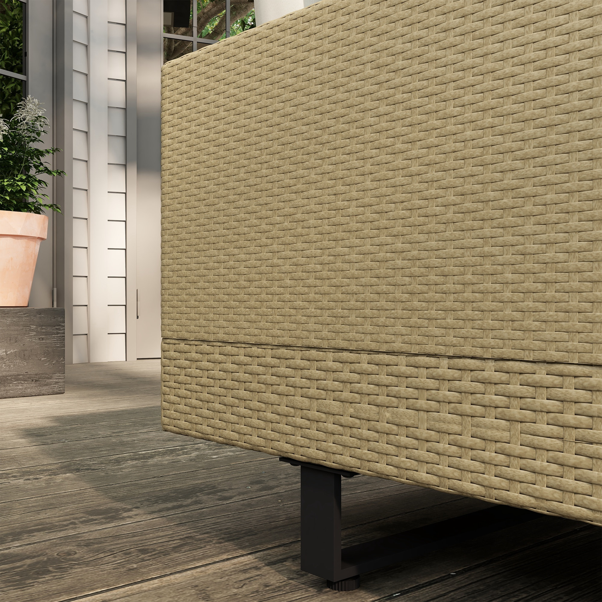 Conjunto de Muebles Ratán de 3 Piezas Mesa de Centro Sofá Doble y Sofá de 3 Plazas con Cojines Extraíbles para Exterior Jardín Terraza Patio Acero Beige