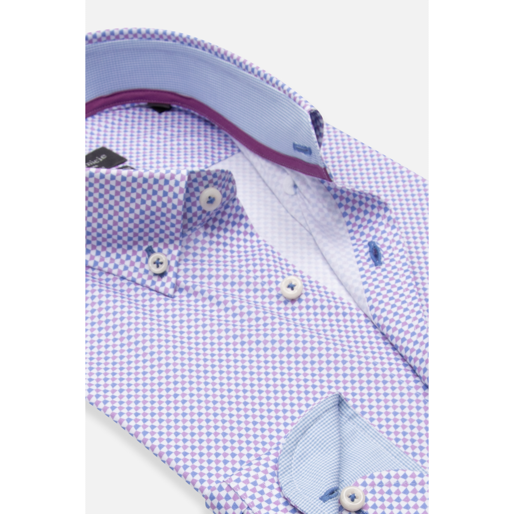 camicia uomo 1 bottone button down slim Popeline Stretch Stampato Light Blue Viola Ciclamino