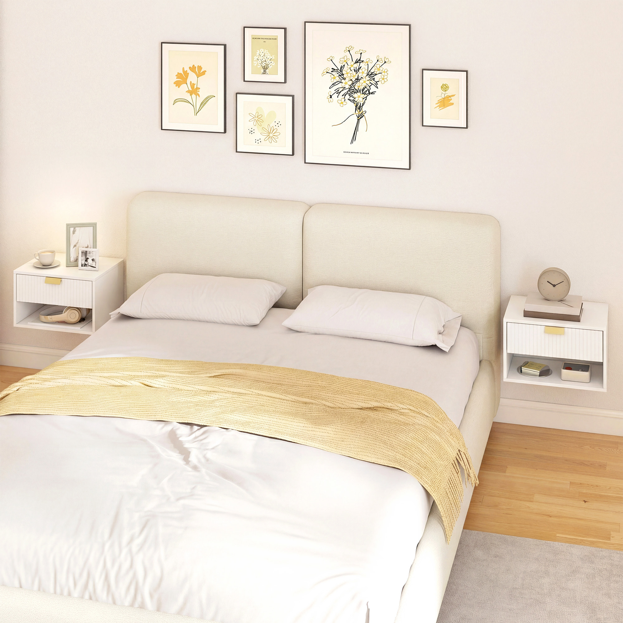 Juego de 2 Mesitas de Noche Flotantes, Mesillas de Noche con Cajón con Frente Ondulado y Estante Abierto, Diseño Moderno, 40x30x25 cm, Blanco