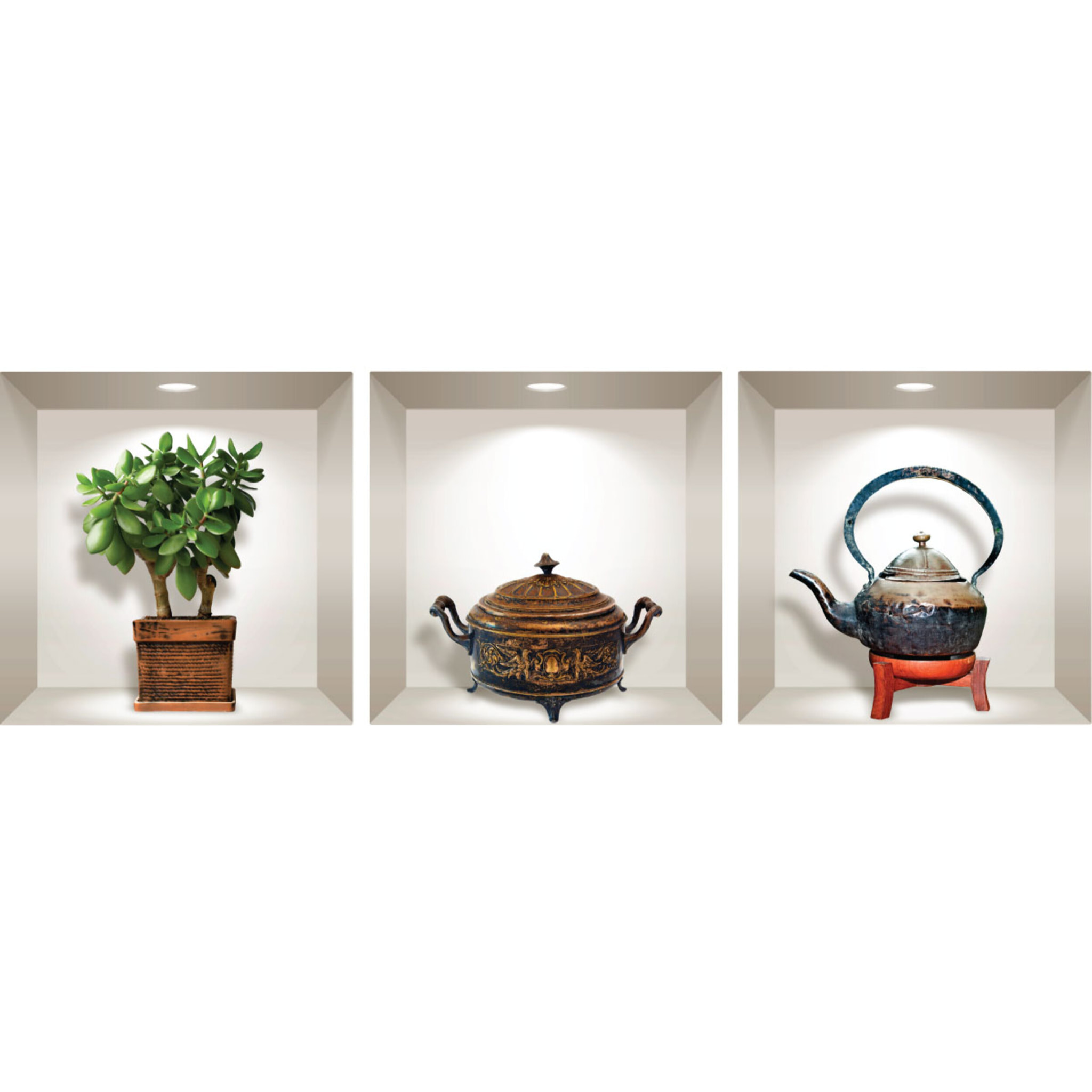 Stickers muraux 3D | Sticker Mural Autocollant effet 3D plante et théière japonaise ancienne - Stickers adhésifs 3D Chambre Salon Trompe l'oeil