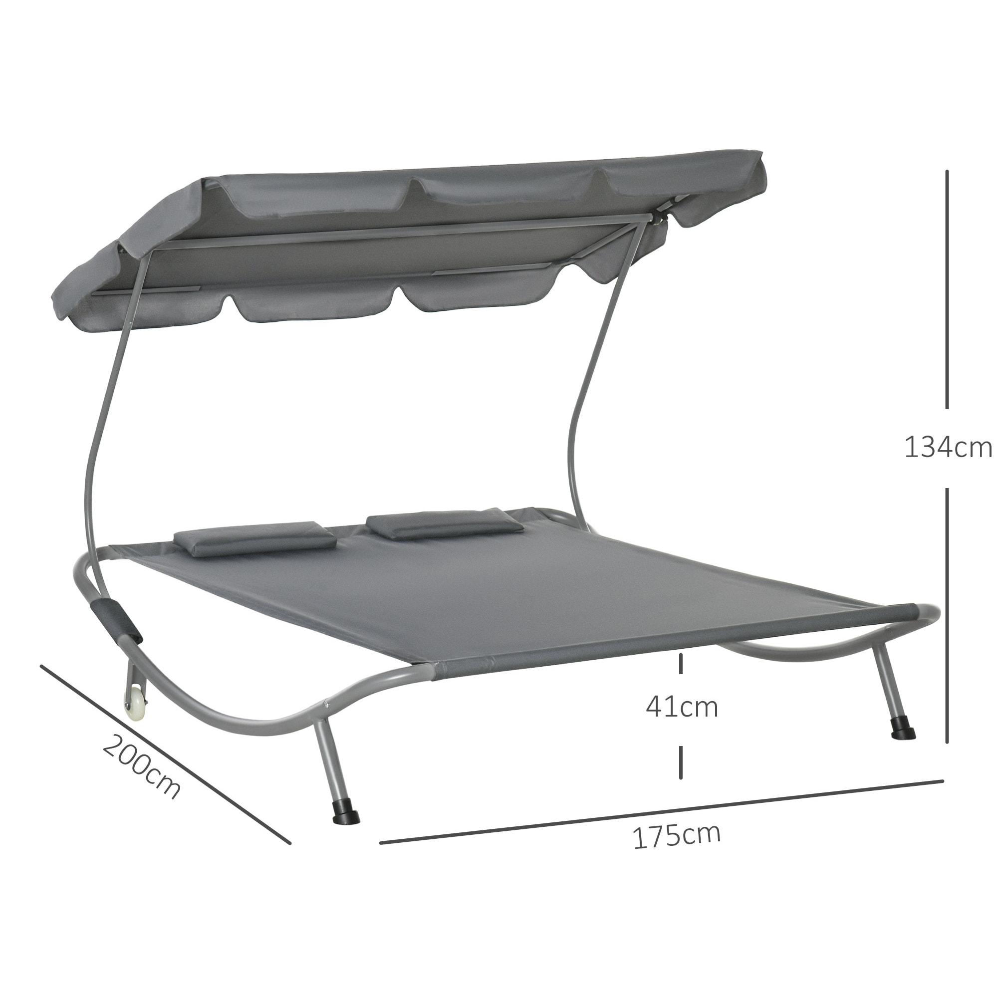 Tumbona Doble de Jardín con Toldo Ajustable Tumbona de Jardín Exterior con 2 Cojines para 2 Personas Tumbona de Piscina con 2 Ruedas 200x175x134 cm Gris
