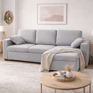 LARNACA Canapé d'angle convertible 3 places avec coffre en tissu gris