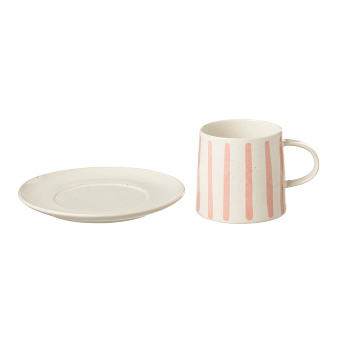 J-Line tasse + sous-tasse Lignés - porcelaine - rose - 4 pcs