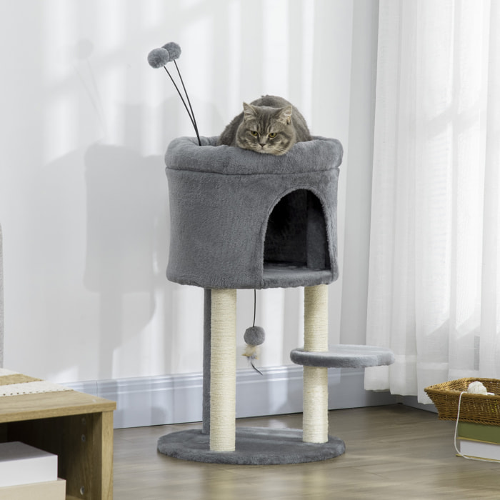 PawHut Albero Tiragraffi per Gatti con Casetta e Lettino, Pali in Sisal e Palline, 44.5x44.5x73.5cm, Grigio