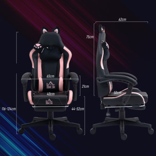 Chaise gaming design oreilles et patte de chat - inclinable, repose-pieds rétractable - rose noir