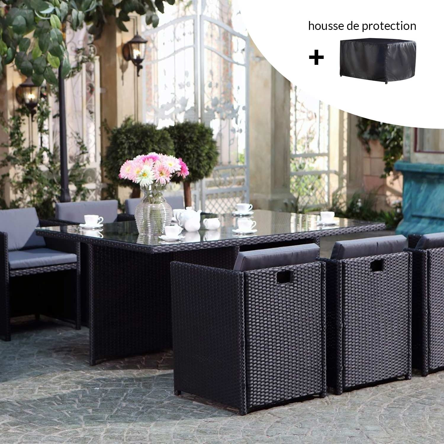 Salon de jardin 6 places noir/gris + housse de protection REGINA