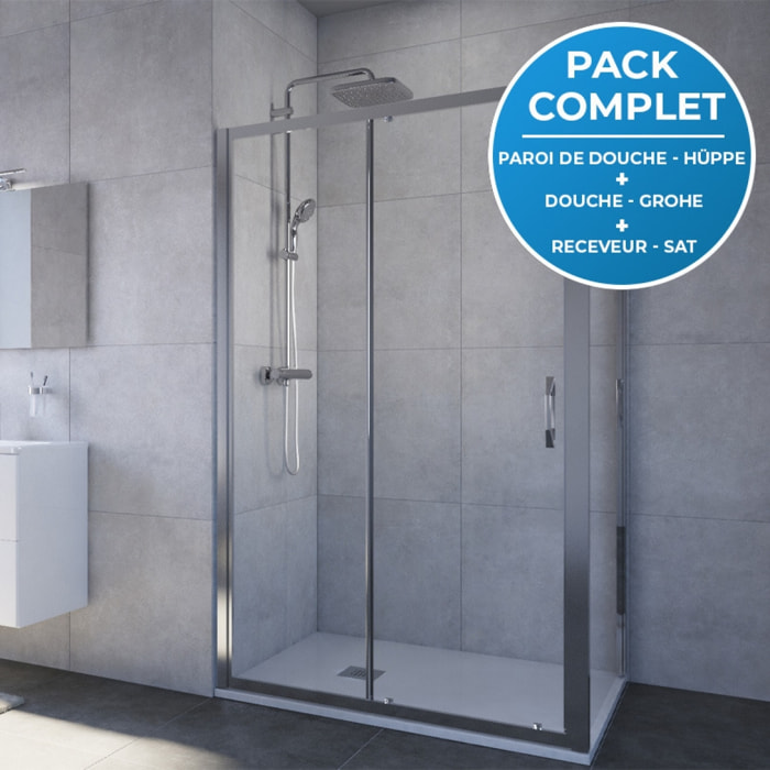 Pack douche : Porte coulissante 120cm + Paroi latérale 90cm + Colonne de douche avec mitigeur Grohe + Receveur 120x90cm Blanc