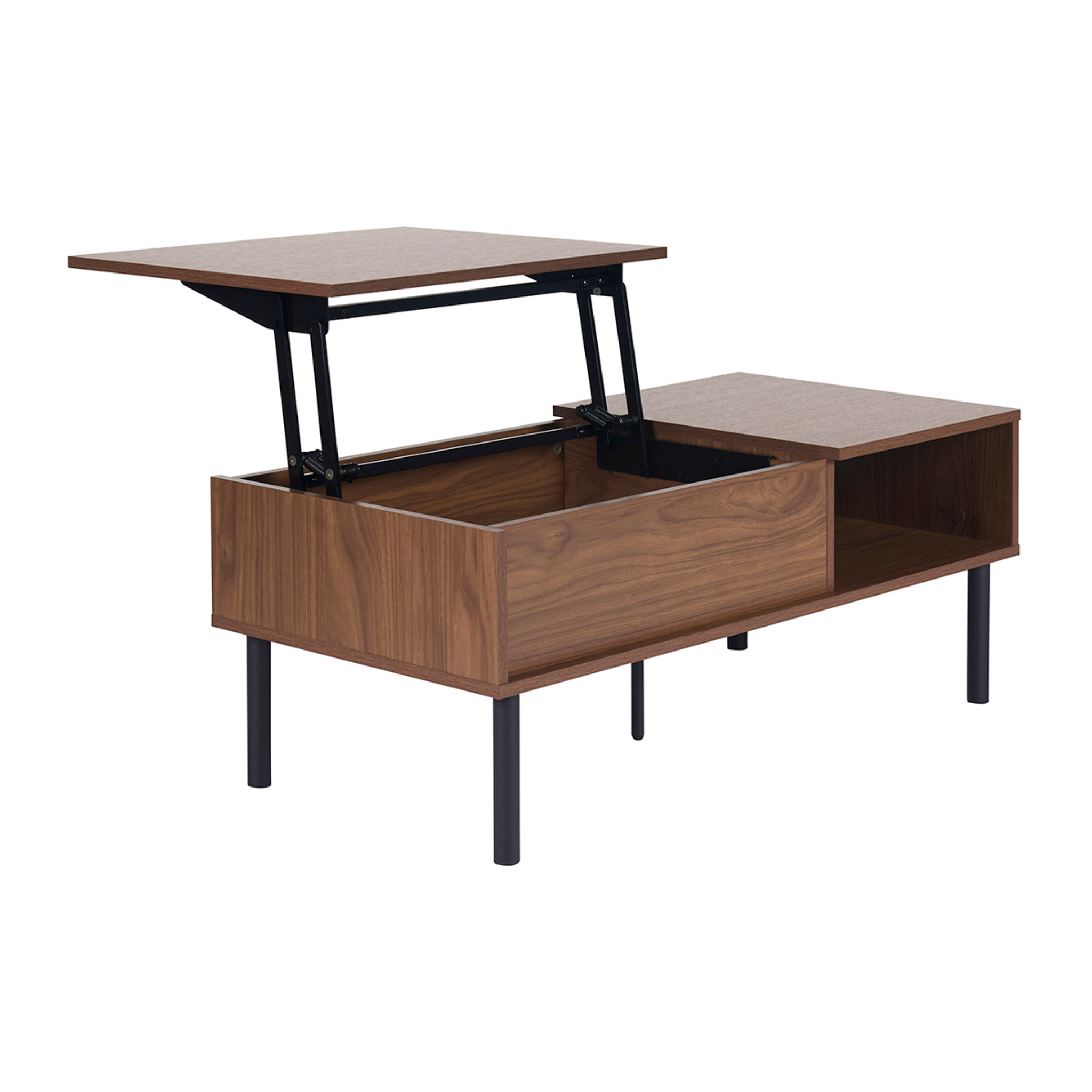 Table basse relevable rectangulaire bois foncé finition noyer et métal noir L100 cm KANE