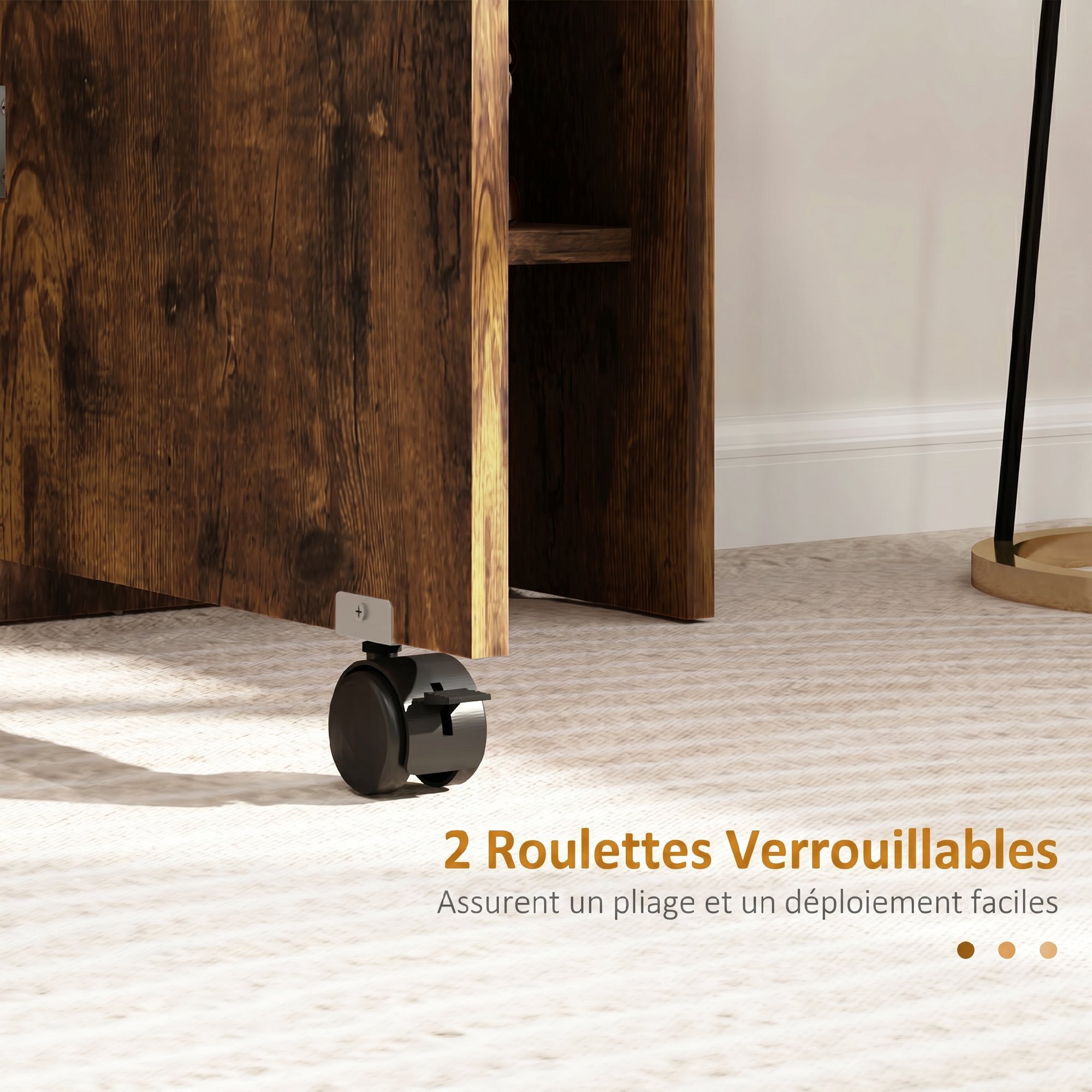 Table pliante mobile 2 étagères intégrées noir aspect bois vieilli