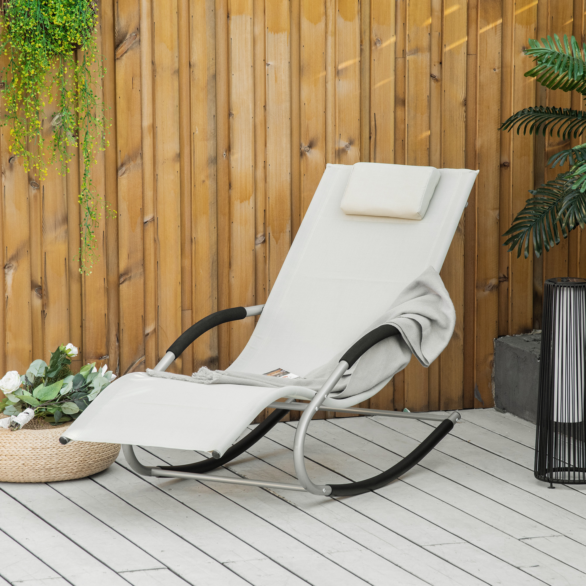 Outsunny Tumbona Mecedora de Jardín con Reposacabezas Tejido Transpirable Beige