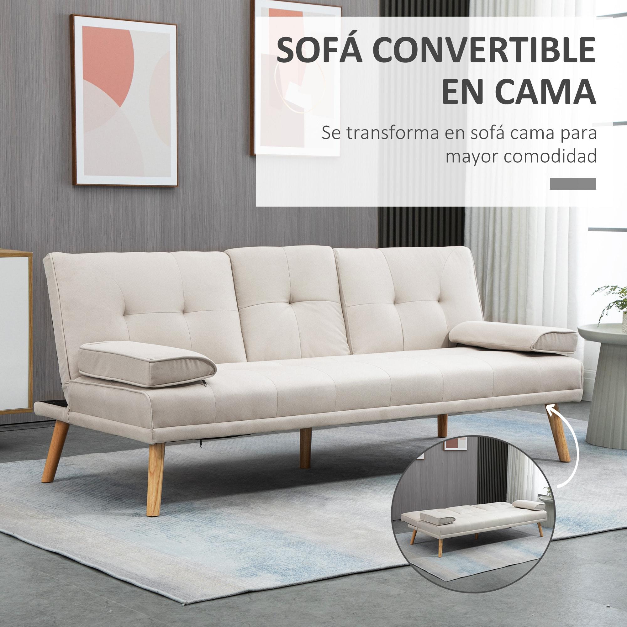 Sofá Cama 3 Plazas, Mesa Abatible con 2 Soportes para Vasos, 181x77x78 cm, Sofá Cama con Respaldo Ajustable, Apertura Clik-Clak, Reposabrazos Desmontables, Patas de Madera, Beige