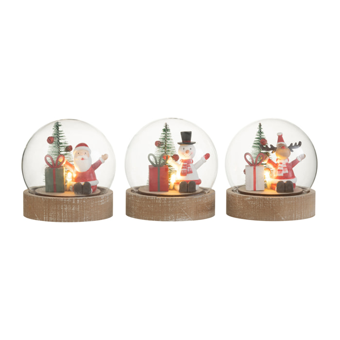 J-Line décoration Cloche Père Noël/Renne/Bonhomme De Neige - bois/verre - mix - 3 pcs - LED