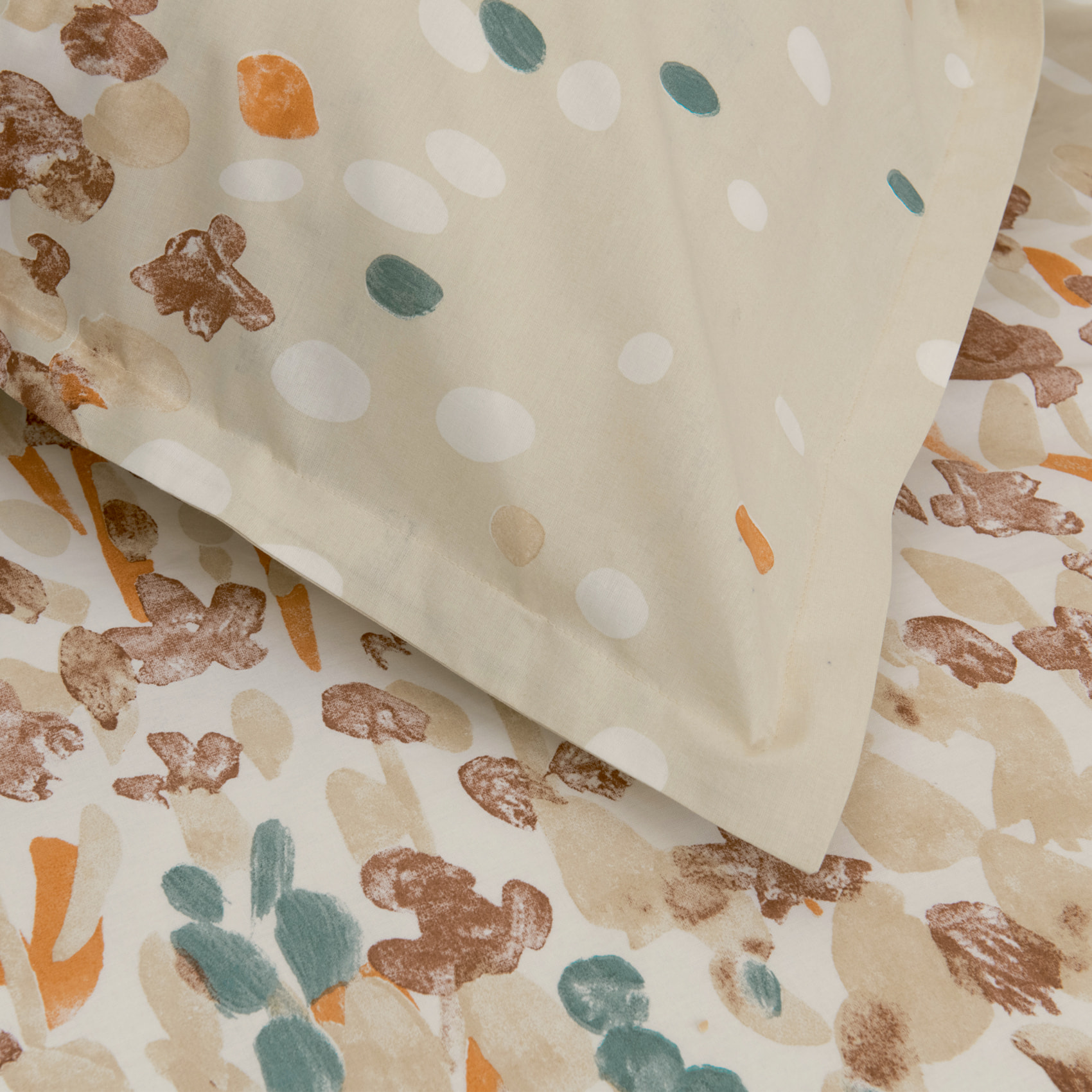 Parure de lit en coton à motif floral stylisé avec taies d’oreiller - Beige