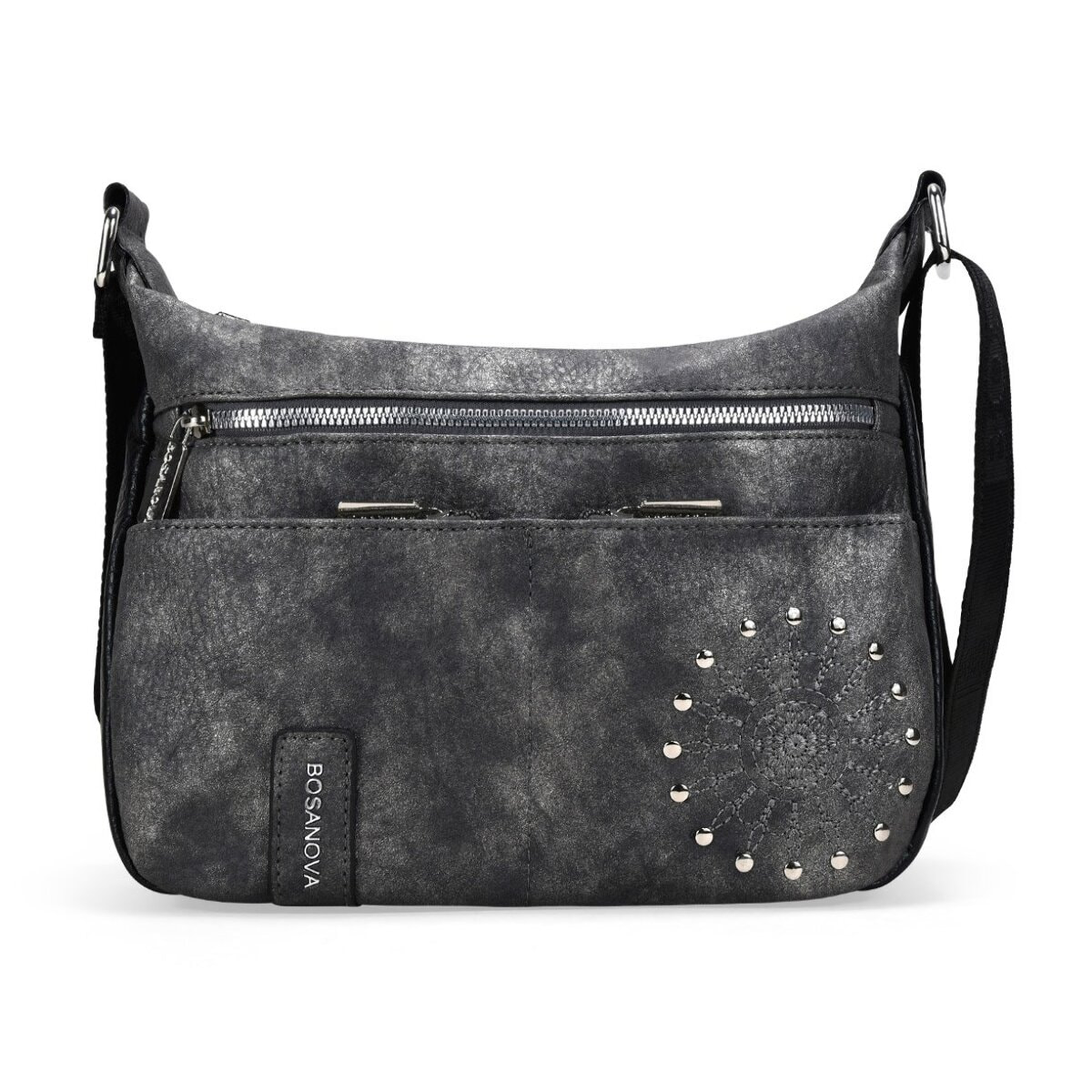 Bolso bandolera negro con cremalleras y tachas