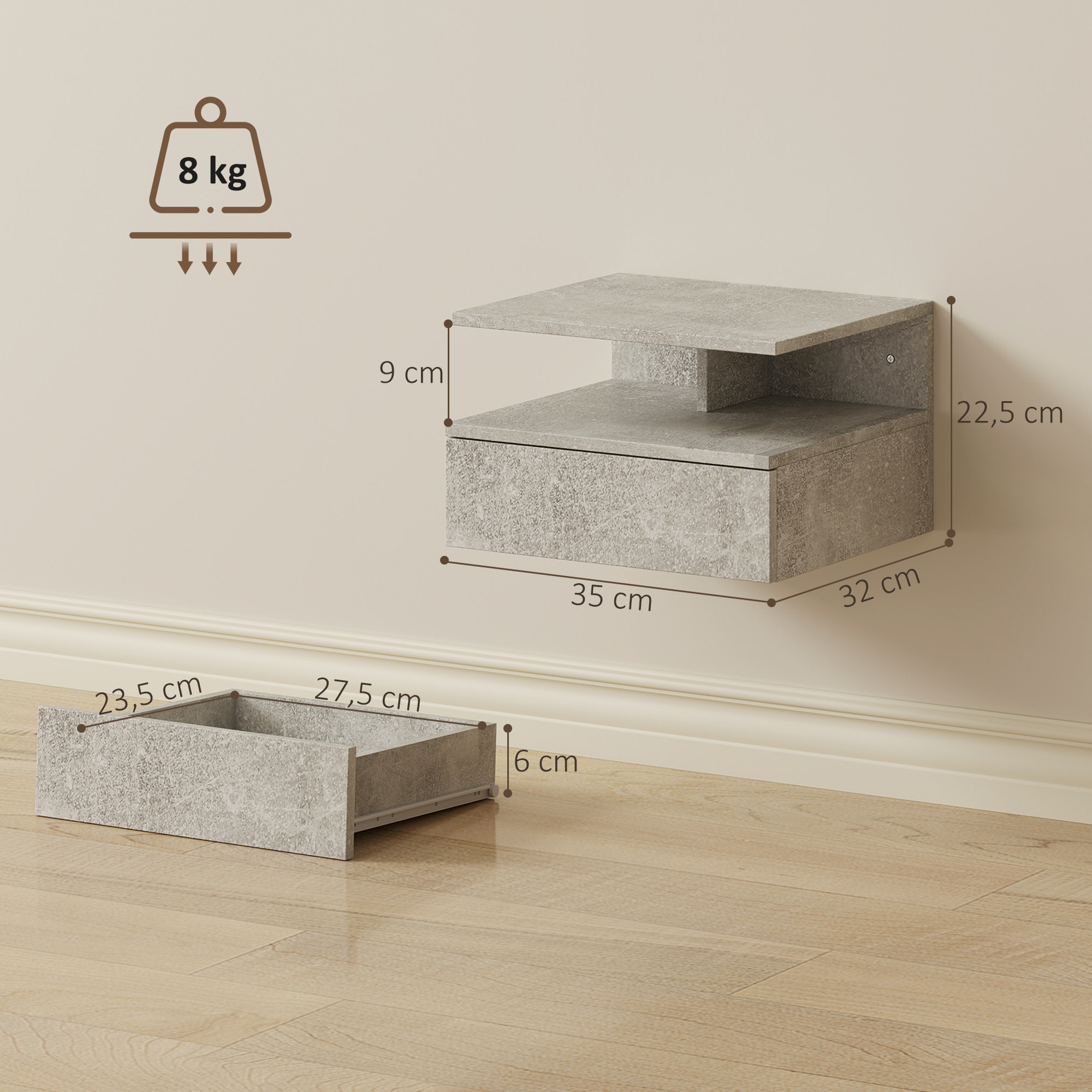 Juego de 2 Mesitas de Noche Flotantes, Mesillas de Noche Dormitorio con Cajón, Estante Abierto, Ahorra Espacio, Diseño Moderno, para Sala de Estar, 35x32x22,5 cm, Gris