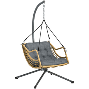 Fauteuil suspendu design résine tressée avec support acier et épais coussin gris