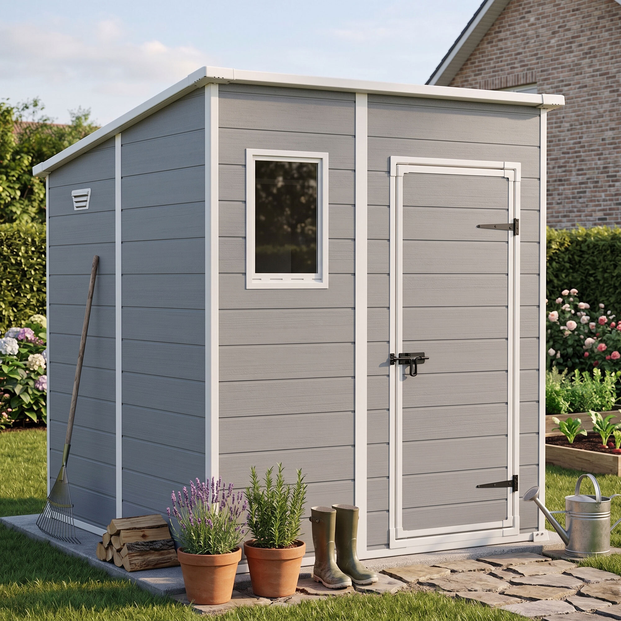Manor Pent 6x6 - Casetta da Giardino 183,50x200x185 cm 1 Anta per deposito attrezzi finitura effetto legno graffiato in Resina Grigio