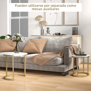 Juego de 2 Mesas de Centro, Mesa Nido Moderna, Mesitas Auxiliares, Tablero con Efecto Mármol, Marco de Acero, para Salón, Dormitorio, Dorado