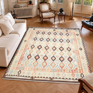 Tapis kilim géométrique, tissé à plat, laine naturelle, ZONIDOZ