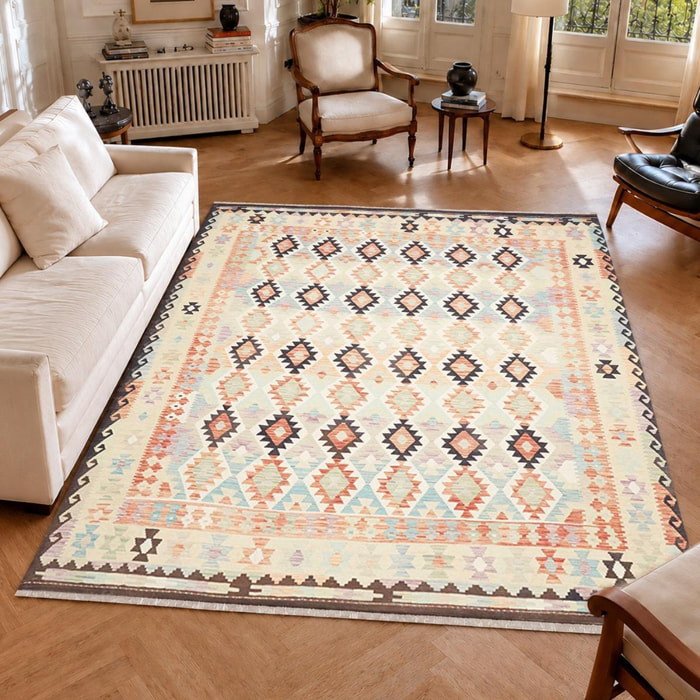 Tapis kilim géométrique, tissé à plat, laine naturelle, ZONIDOZ