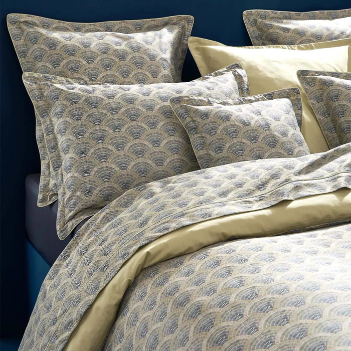 Taie d'oreiller satin de coton imprimé beige Eventails argile