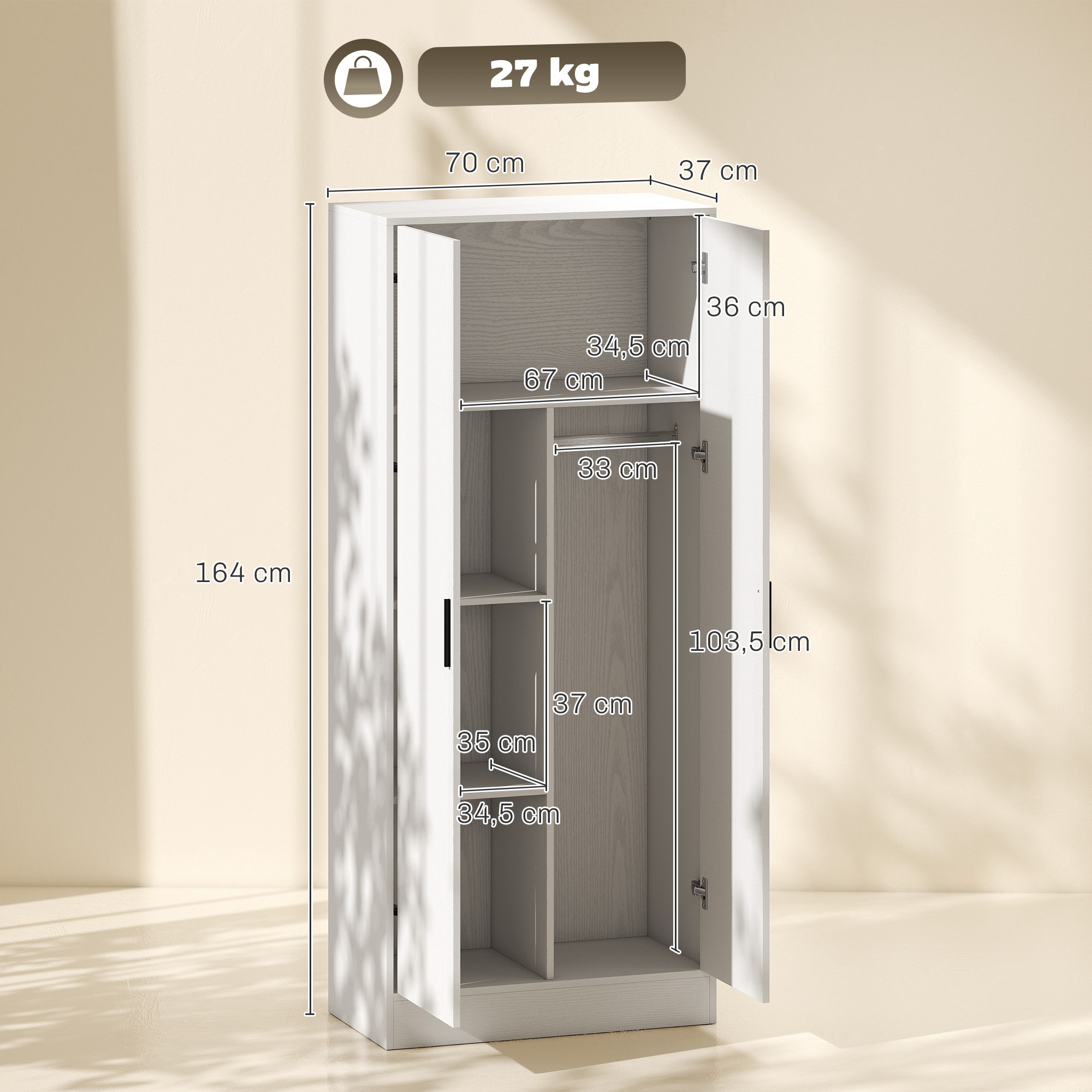 HOMCOM Armario Dormitorio Moderno, Armario Ropero con Barra para Colgar, Estantes, 70x37x164 cm, para Salón, Entrada, Blanco