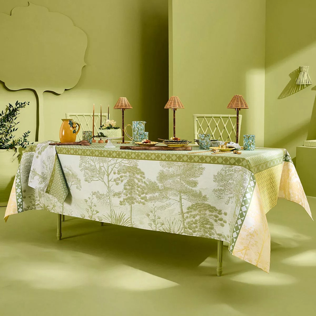 Nappe anti tache pur coton motif jacquard Le sud vert