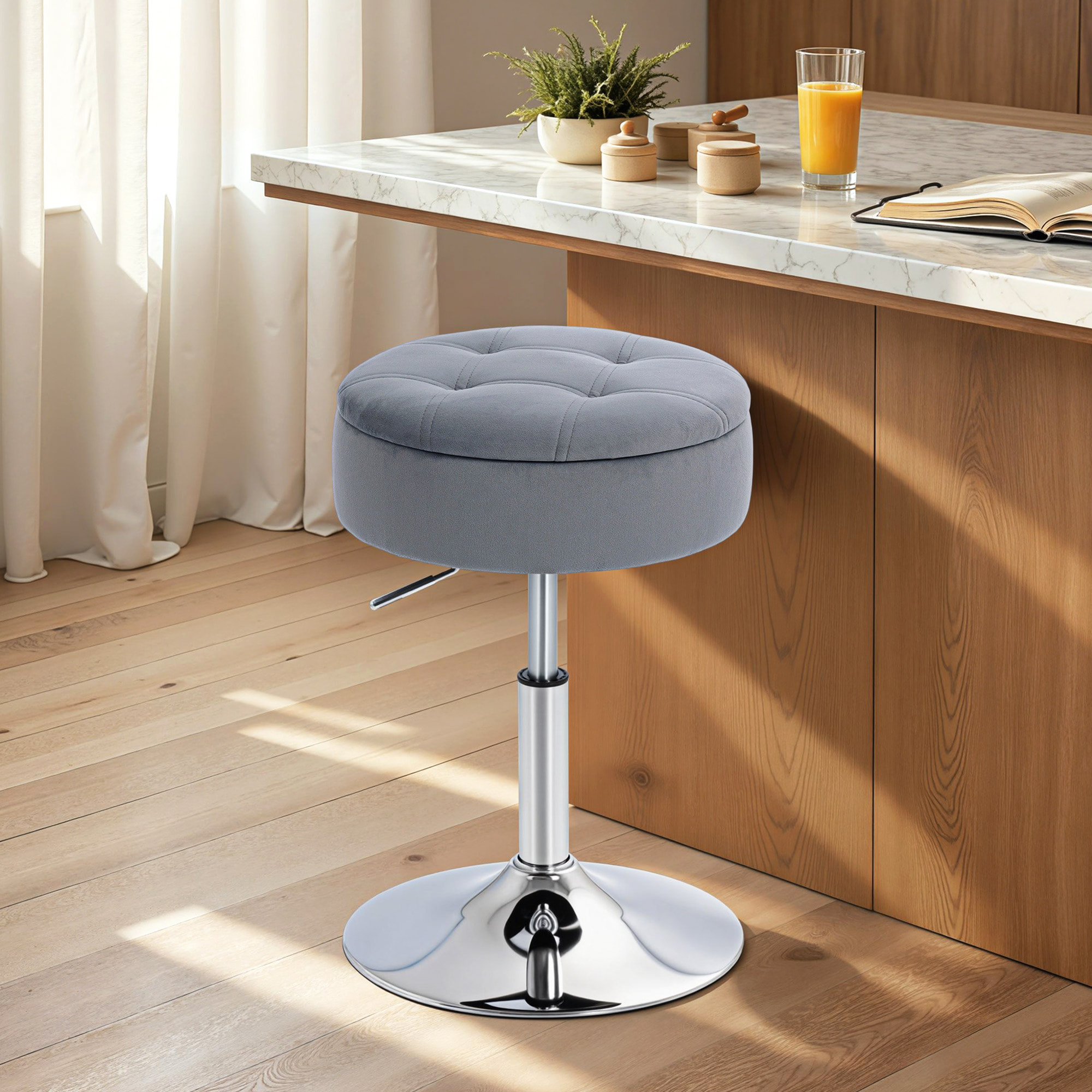 Tabouret de bar design velours acier chromé hauteur réglable H.49-65 cm gris