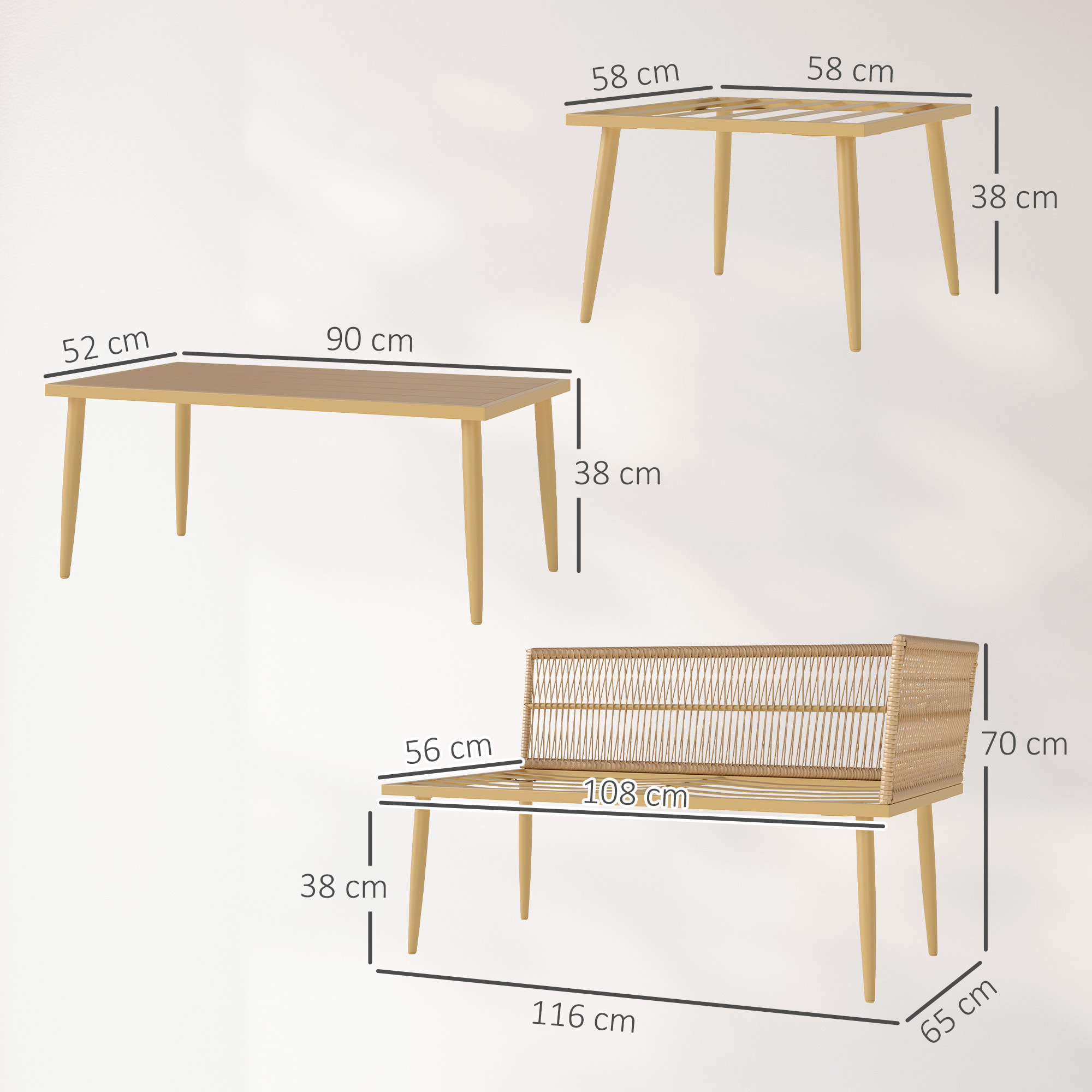 Conjunto de Jardín Exterior de Ratán Sintético de 4 Piezas Muebles de Jardín Exterior Sofá Esquinero Incluye 2 Sofás de 2 Plazas 1 Reposapiés 1 Mesa de Centro con Cojines Natural