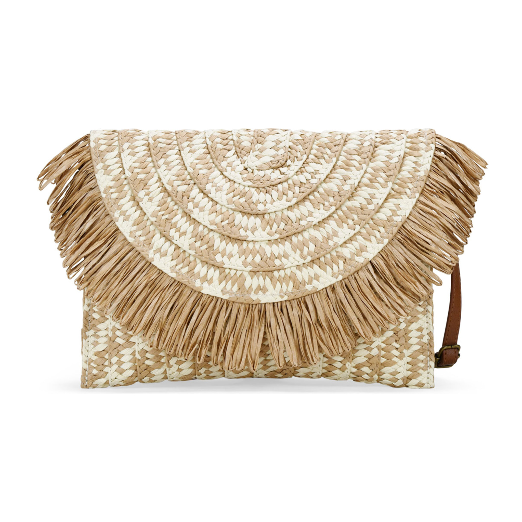 Bolso de mano marrón con solapa y flecos