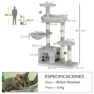 Rascador para Gatos Altura 104 cm Árbol para Gatos Torre de Escalada con Postes Rascadores de Sisal Cueva Plataformas y Bolas Colgantes Gris Claro