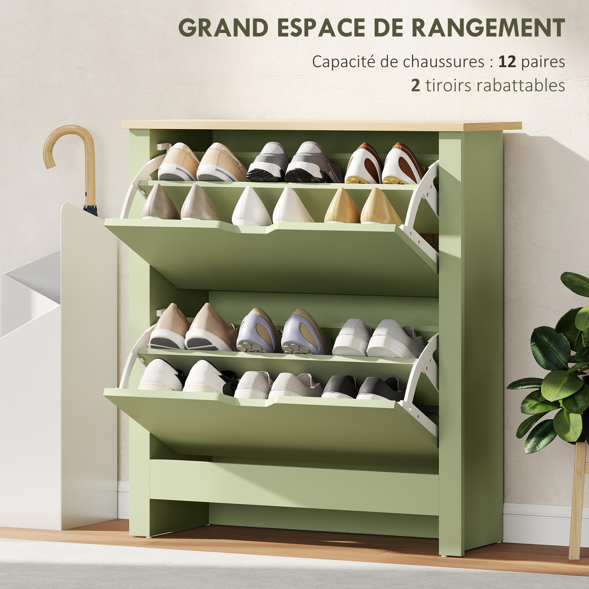 Armoire à chaussures 2 portes abattantes 2 compartiments vert amande naturel
