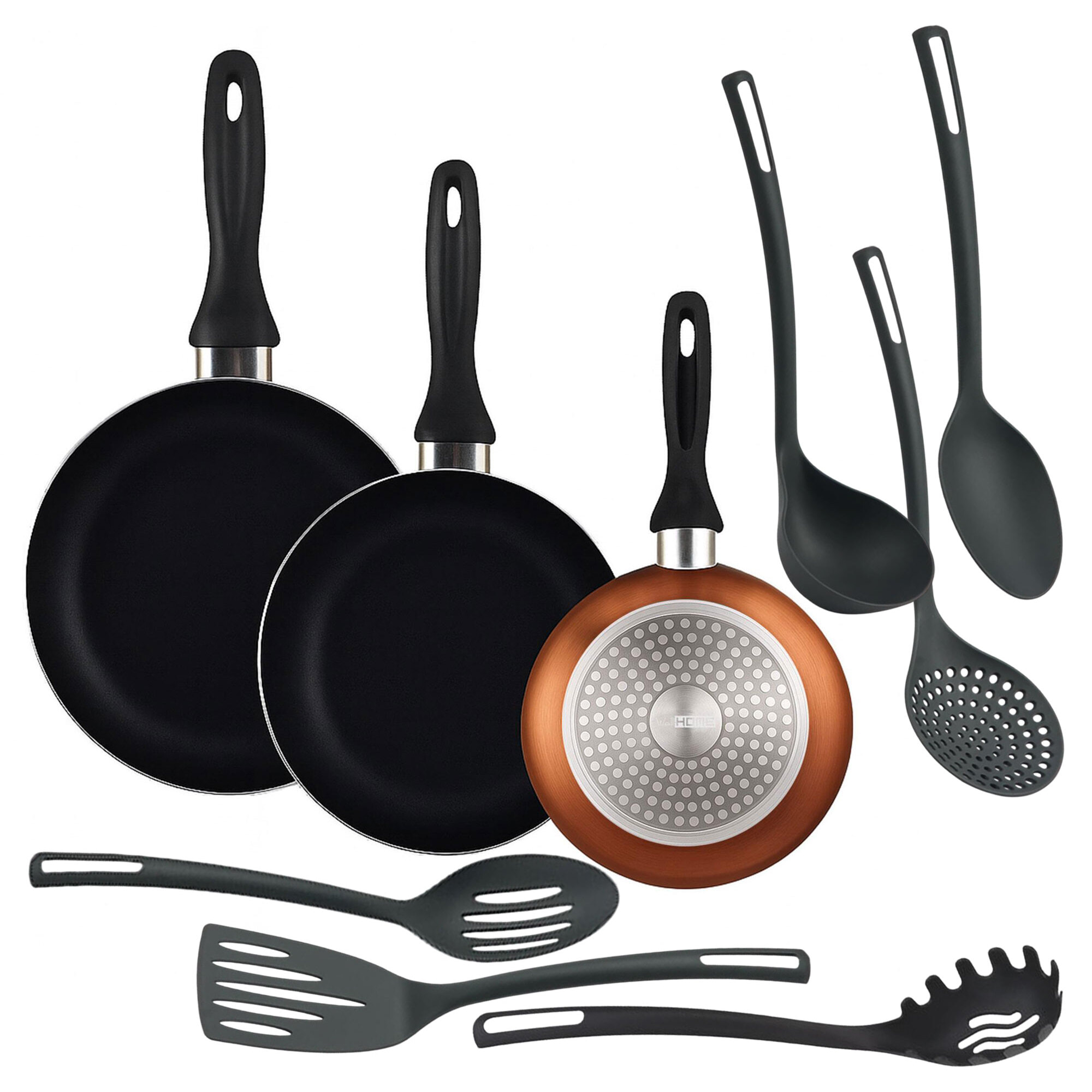 set de 3 sartenes ø16ø20ø24cm de aluminio prensado en bronce metalizado + 6 utensilios de cocina en pbt color negro