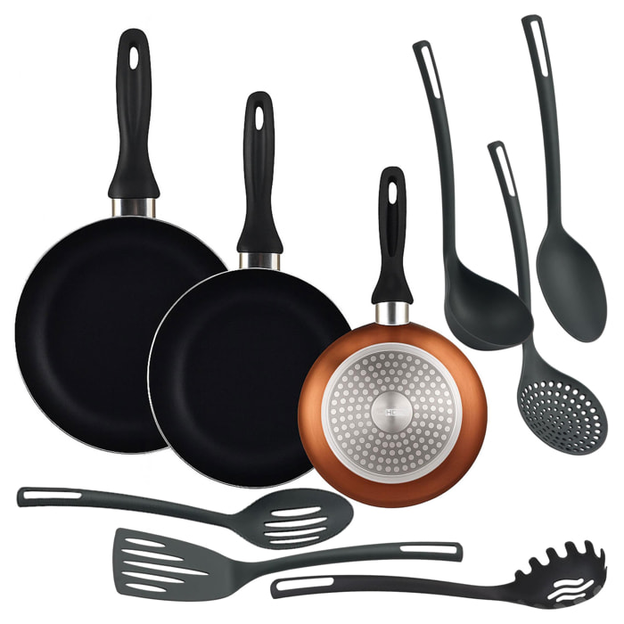 set de 3 sartenes ø16ø20ø24cm de aluminio prensado en bronce metalizado + 6 utensilios de cocina en pbt color negro