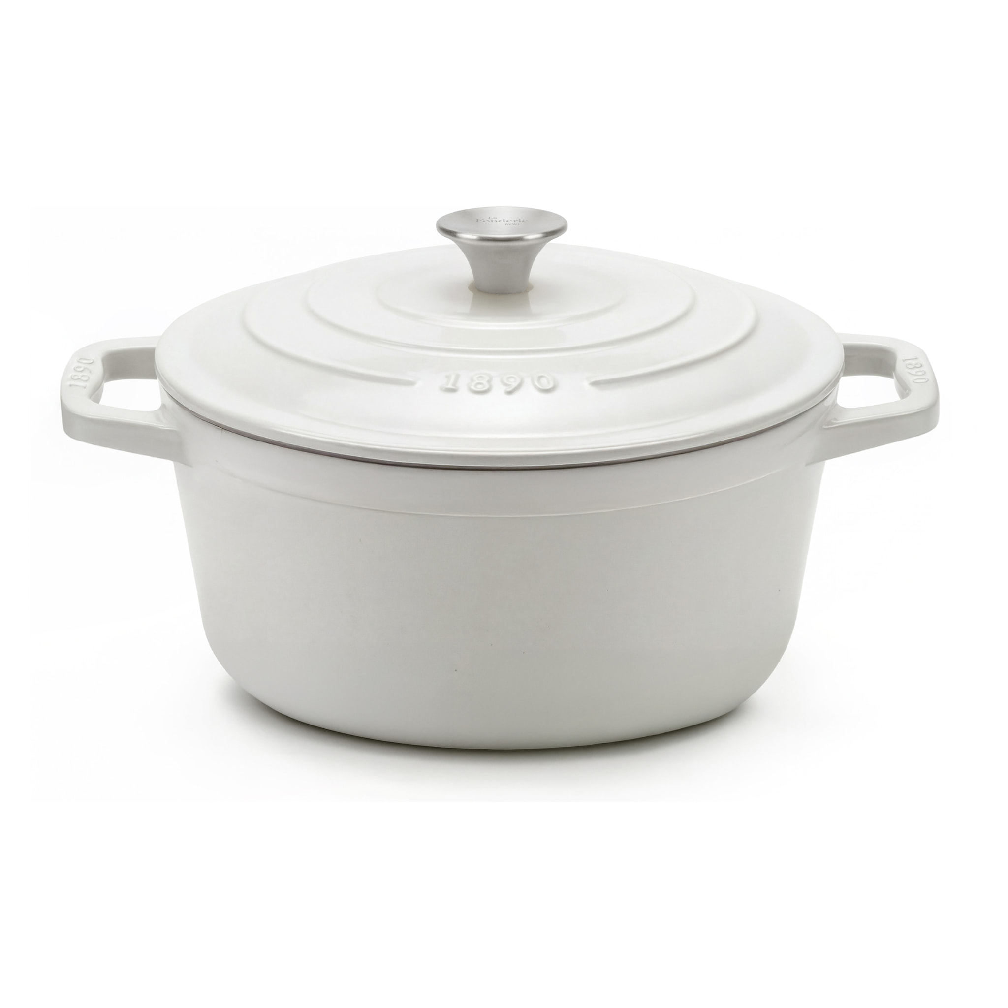 La Fonderie 1890 IENA22, Cacerola redonda de hierro fundido, 22 cm, 3,3L, beige, compatible con todos los fuegos, inducción, gas, parrilla y horno.