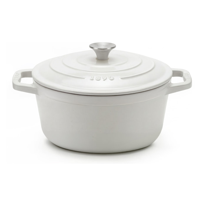 La Fonderie 1890 IENA22, Cacerola redonda de hierro fundido, 22 cm, 3,3L, beige, compatible con todos los fuegos, inducción, gas, parrilla y horno.