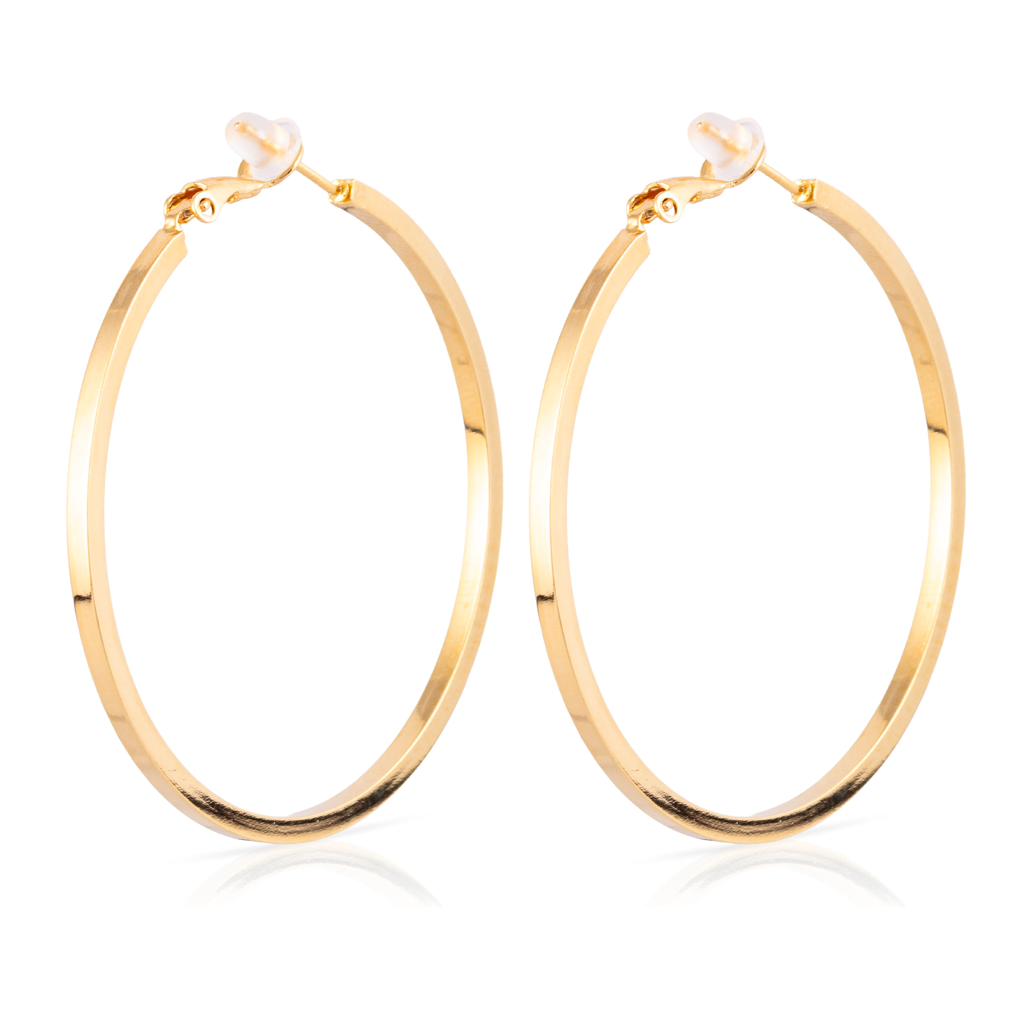 Pendientes de aro plano de cobre con baño de oro auténtico, 50 mm, cierre catalán de plata de ley 925 con acabado dorado electroplateado.