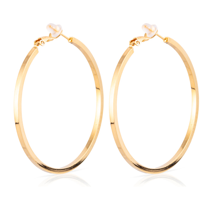 Pendientes de aro plano de cobre con baño de oro auténtico, 50 mm, cierre catalán de plata de ley 925 con acabado dorado electroplateado.