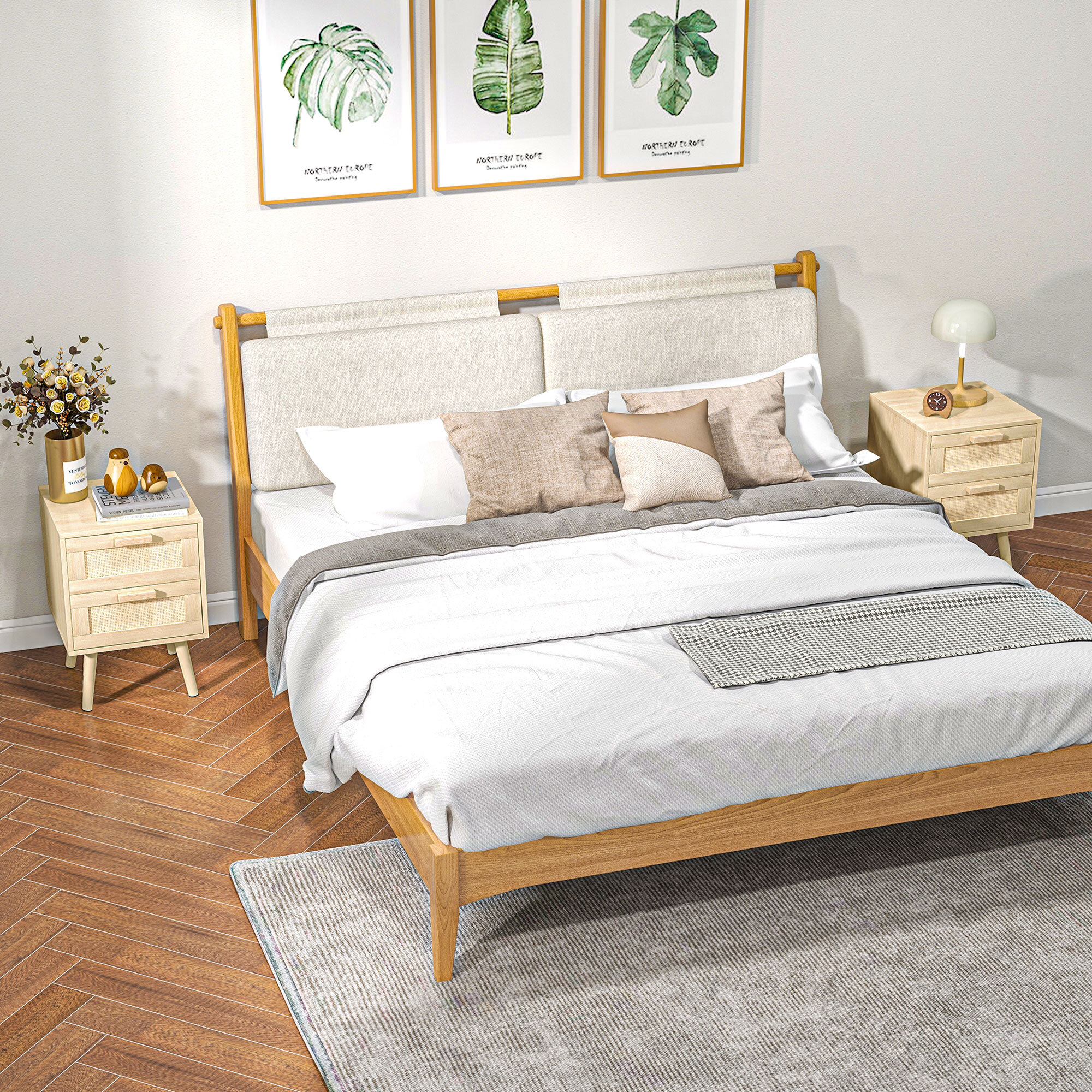 Conjunto de 2 Mesitas de Noche de Bohemio Mesillas de Noche con Cajones de Rejilla de Mimbre y Patas de Madera para Salón Dormitorio 40x40x56 cm Natural