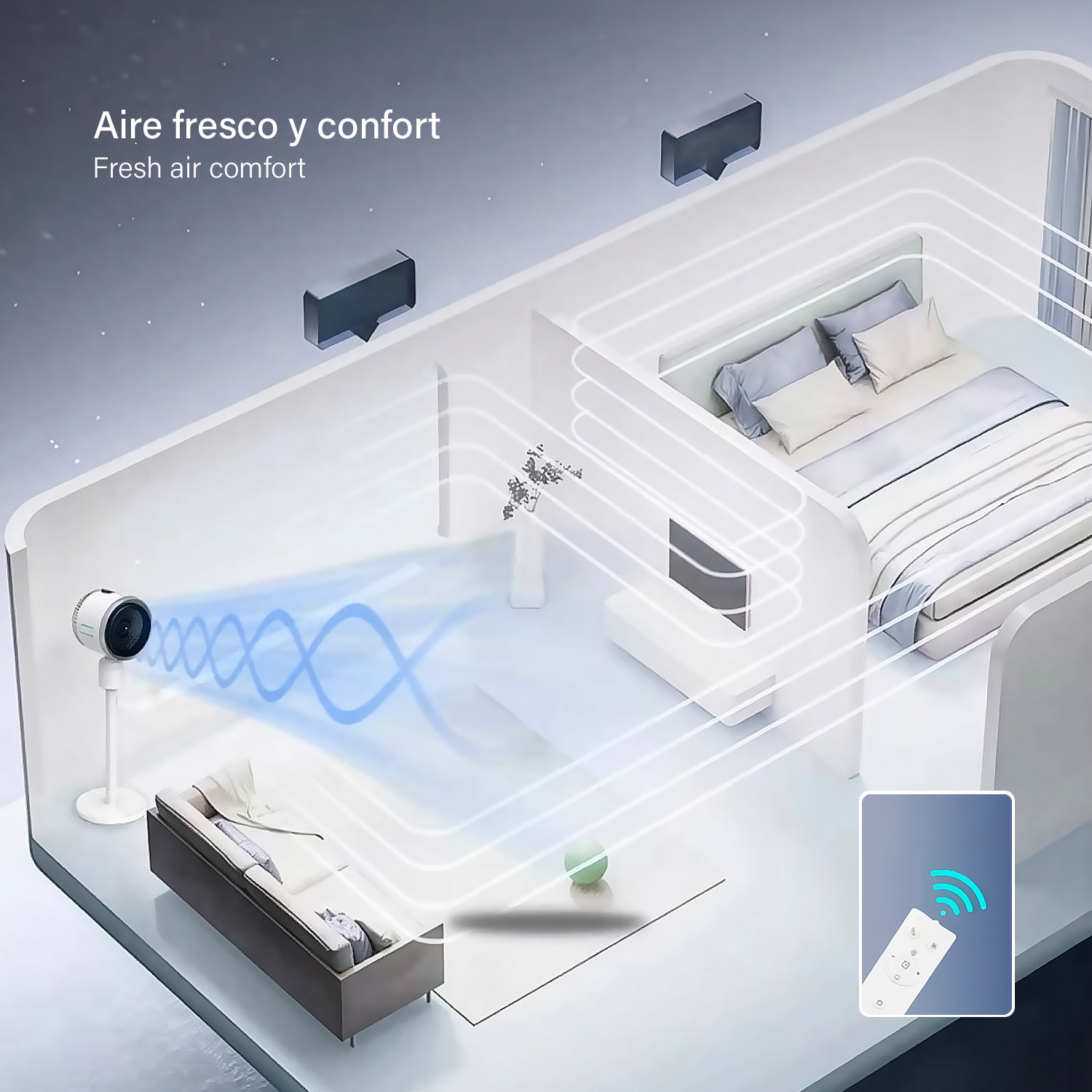 Climatizador multifunción HF-418 con calefacción y refrigeración. Con tanque de agua de 3L, pantalla táctil, luz esterilizadora y mando de control remoto.
