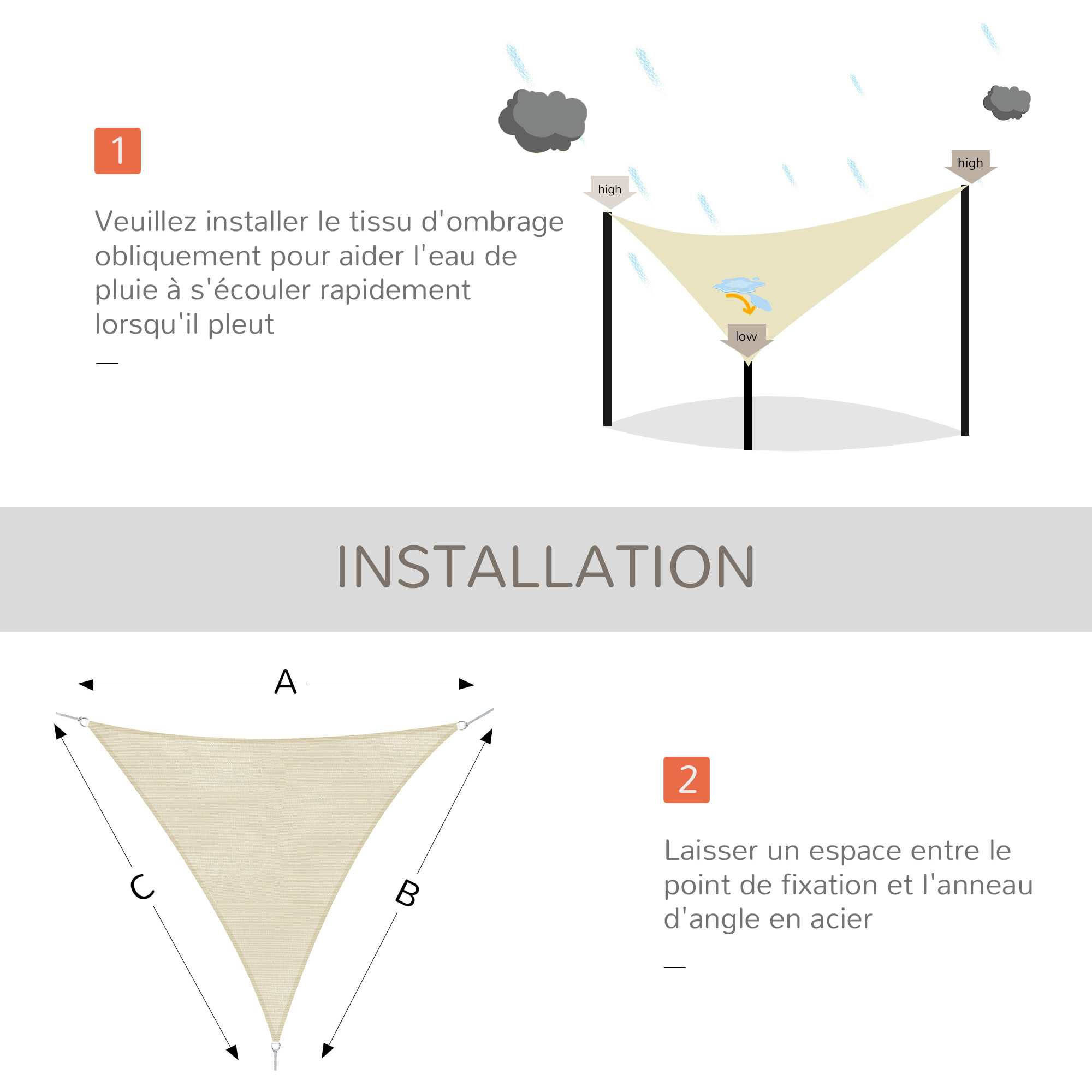 Voile d'ombrage triangulaire grande taille 3 x 3 x 3 m polyéthylène haute densité résistant aux UV coloris crème