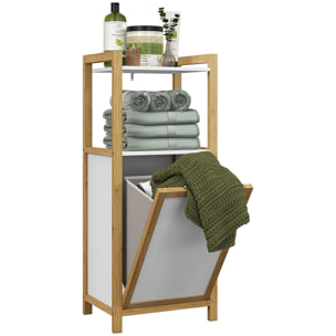 Meuble bas de salle de bain sur pied - 2 étagères, panier à linge - dim. 40L x 30l x 86,5H cm - bambou MDF blanc