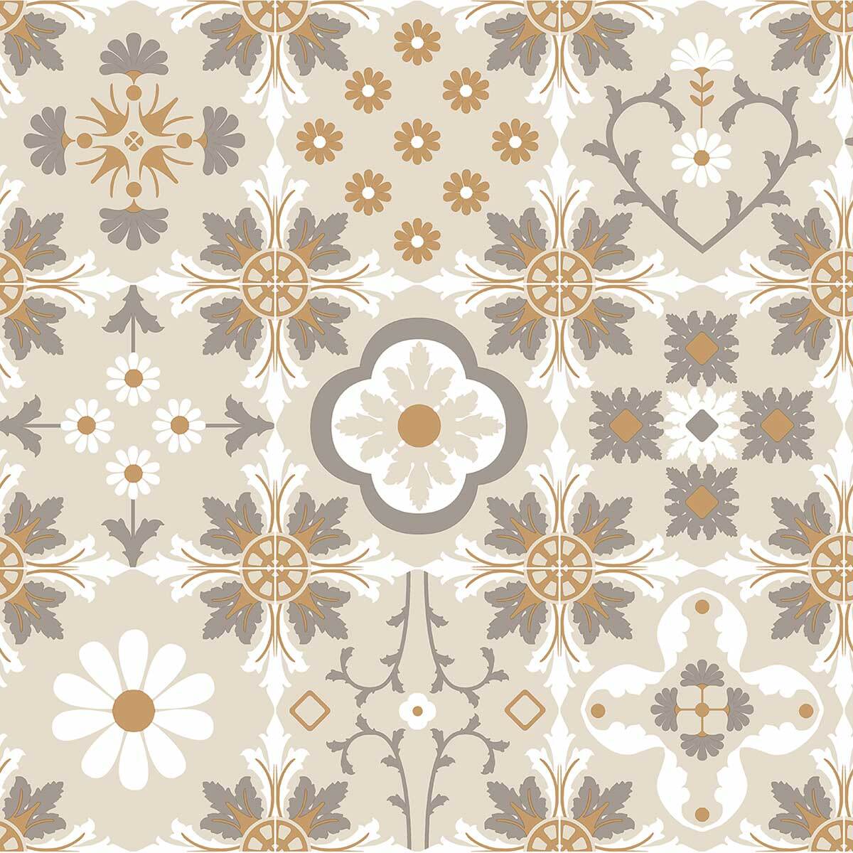 Papier peint carreaux vintage motifs floraux beige et ocre
