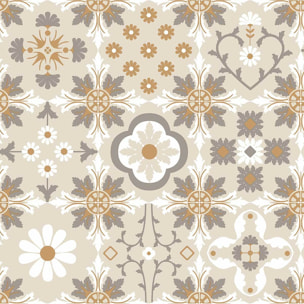 Papier peint carreaux vintage motifs floraux beige et ocre