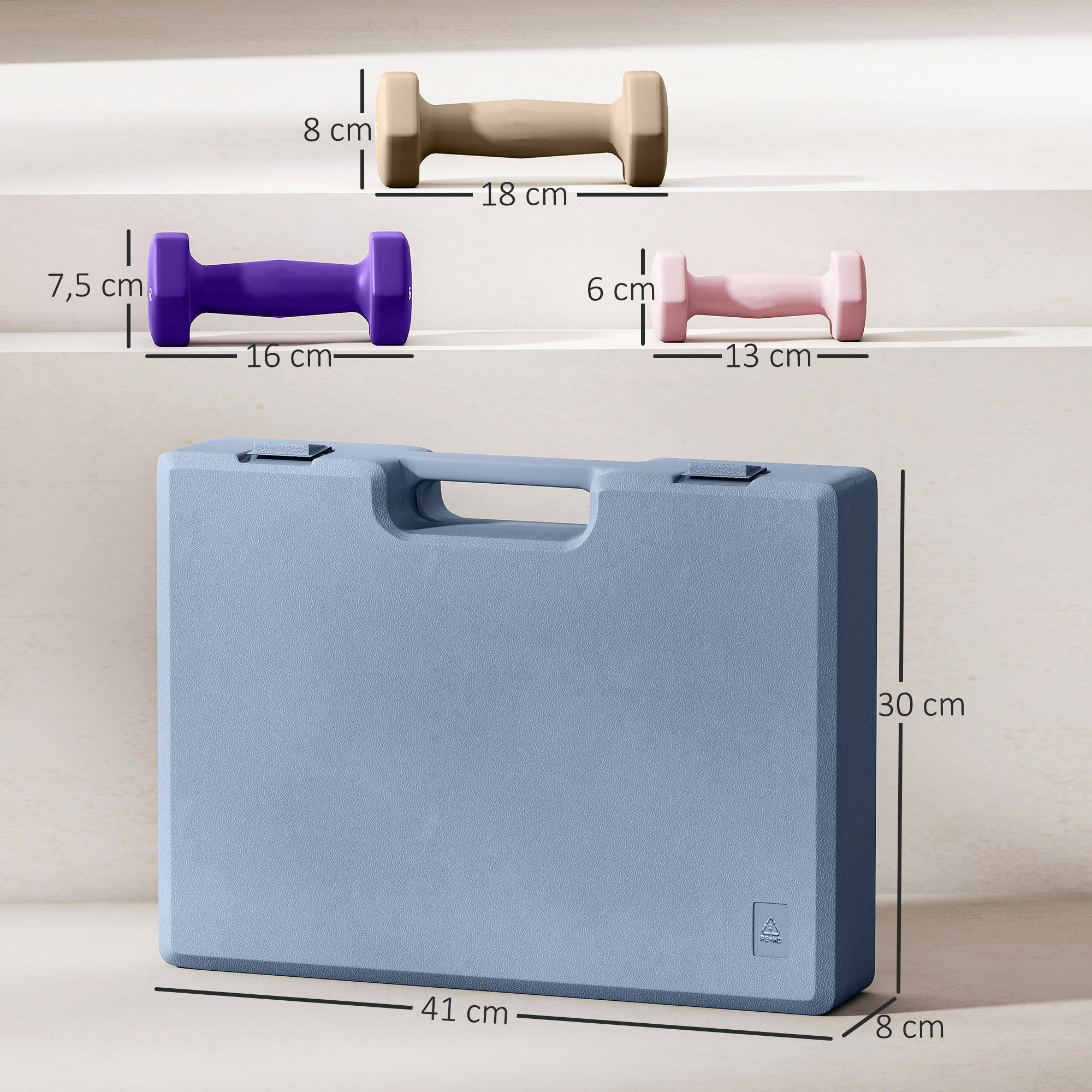 Ensemble d'haltères hexagonales total 12 Kg 6 pièces 1-3 Kg avec mallette multicolore