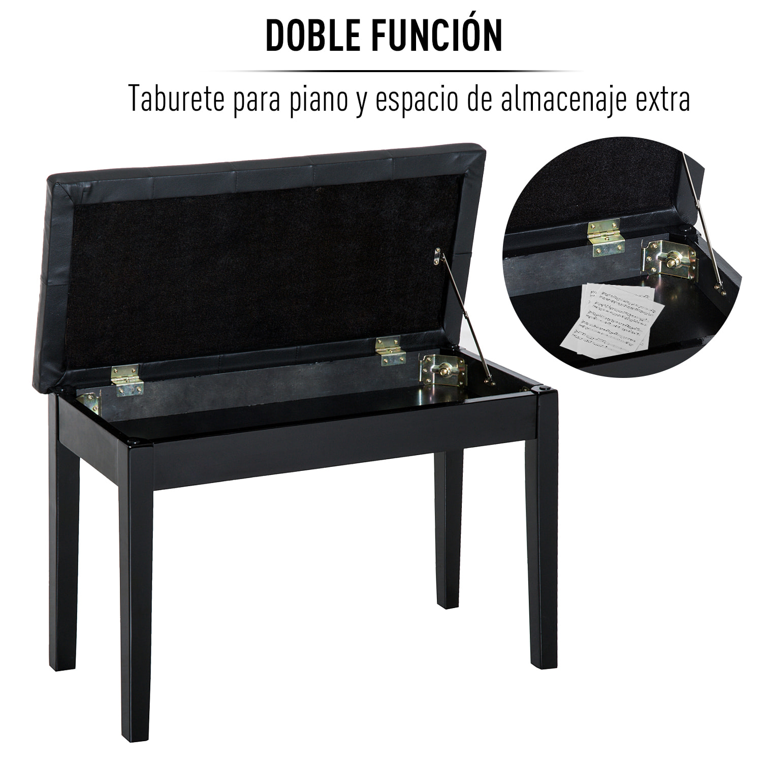Banco de Piano 76x36x50cm Taburete con Espacio Almacenamiento Cuero Sintetico